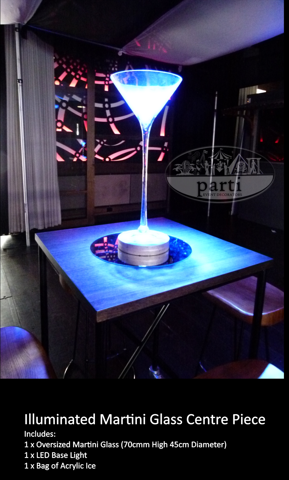 Illuminated Oversized Martini Glass Centre Piece by Parti Theme Events